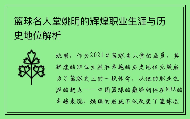 篮球名人堂姚明的辉煌职业生涯与历史地位解析